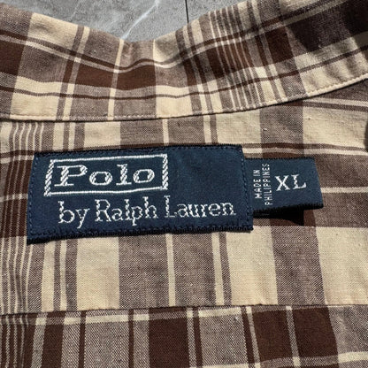 90s-00s Ralph Lauren Brown Checkered Cotton x Linen Open Collar Shirt KiiChain Clothing