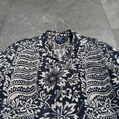 90s-00s Ralph Lauren Bonnard Black/Navy Paisley Linen x Cotton Open Collar Shirt KiiChain Clothing