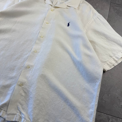 00s Polo by Ralph Lauren White Herringbone Linen x Silk Open Collar Shirt XXL