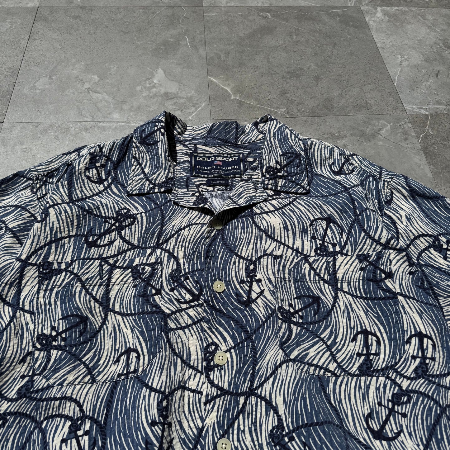 90s-00s Polo Sport Blue Anchor Graphic Seersucker Cotton Open Collar Shirt KiiChain Clothing