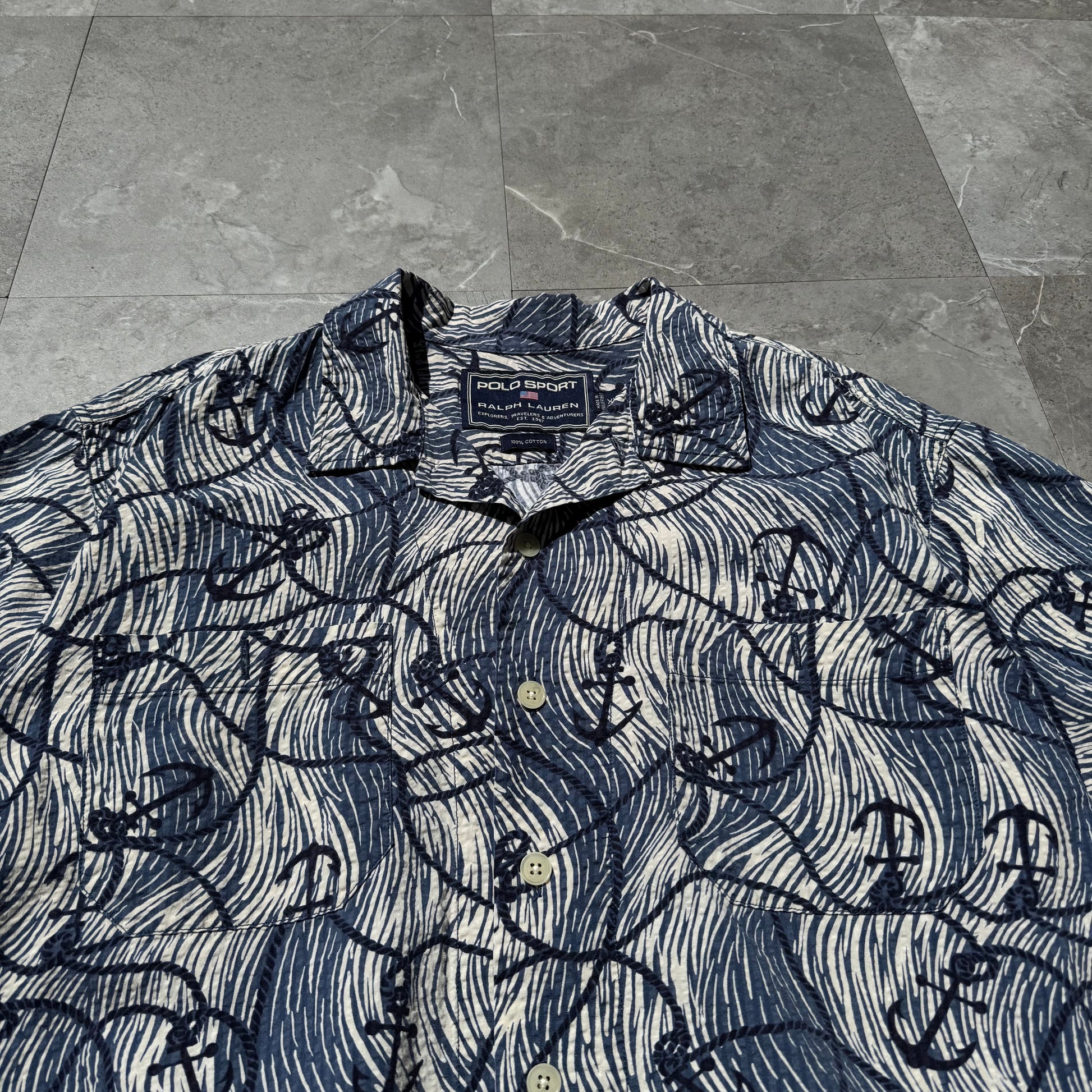 90s-00s Polo Sport Blue Anchor Graphic Seersucker Cotton Open Collar Shirt KiiChain Clothing