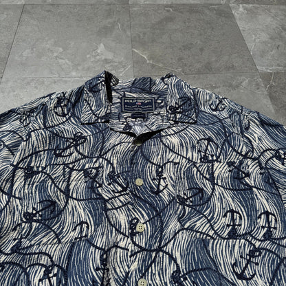 90s-00s Polo Sport Blue Anchor Graphic Seersucker Cotton Open Collar Shirt KiiChain Clothing