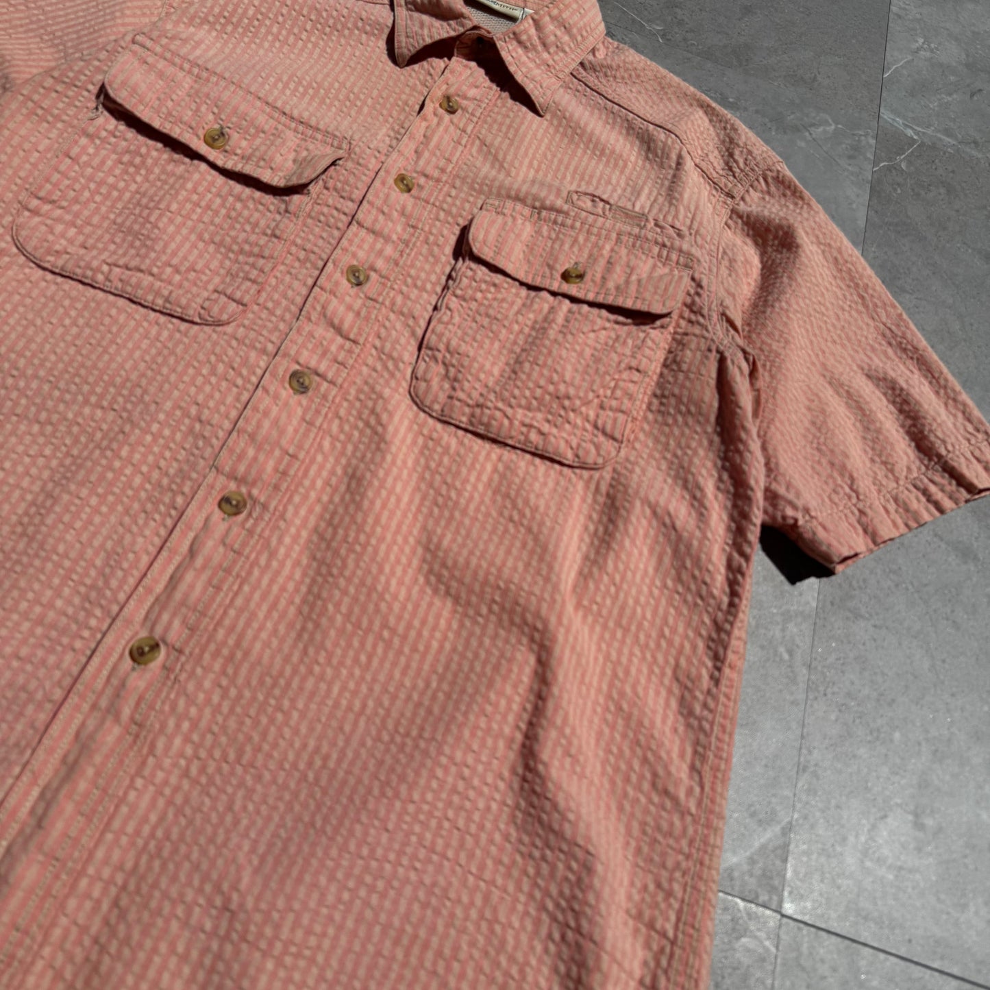90s Travel Smith Salmon Pink Seersucker Dual Pocket Short Sleeve Shirt KiiChain Clothing
