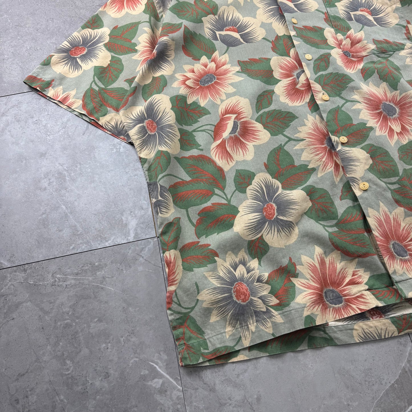 90s Polo by Ralph Lauren Green Cotton x Linen x Ramie Flower Open Collar Shirt XL
