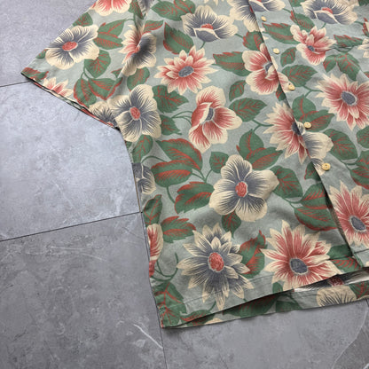 90s Polo by Ralph Lauren Green Cotton x Linen x Ramie Flower Open Collar Shirt XL