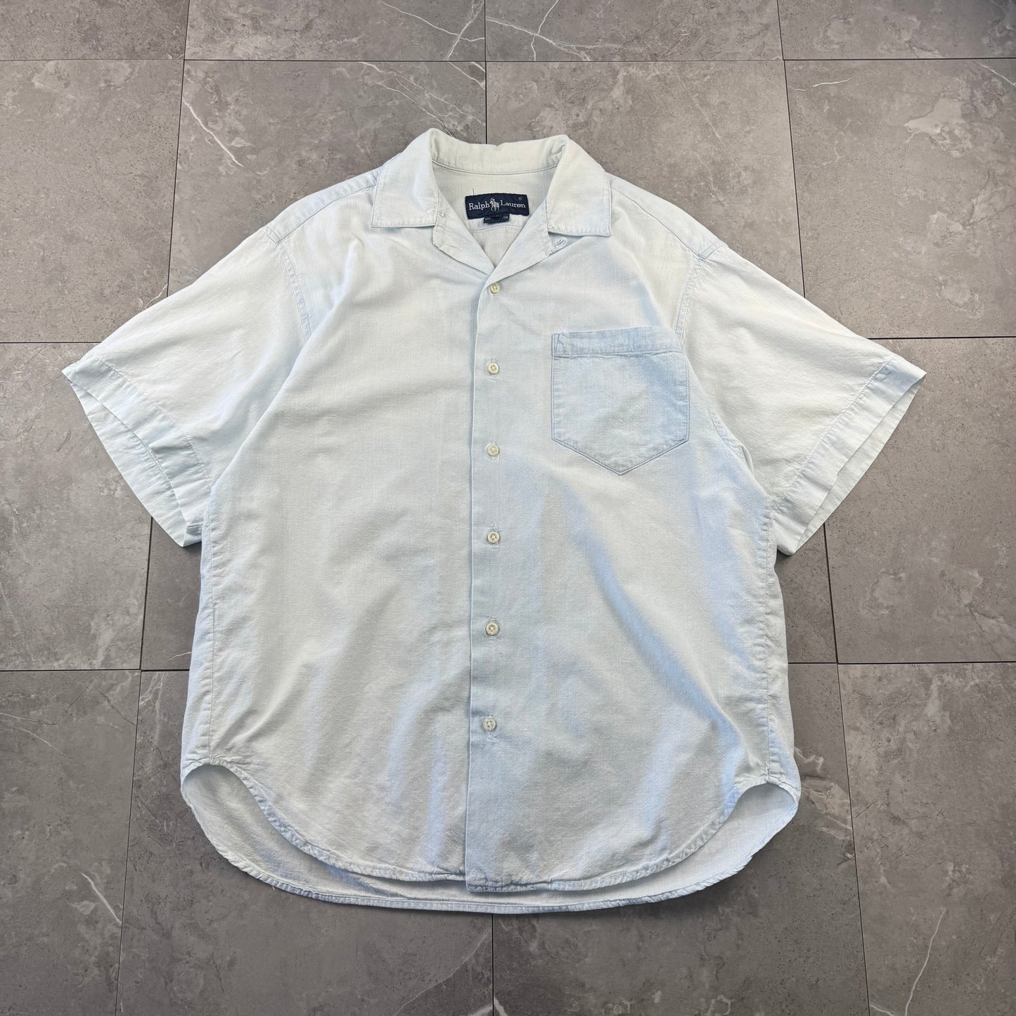 80s Ralph Lauren Faded Light Blue Sleeve Logo Open Collar Shirt Size 4