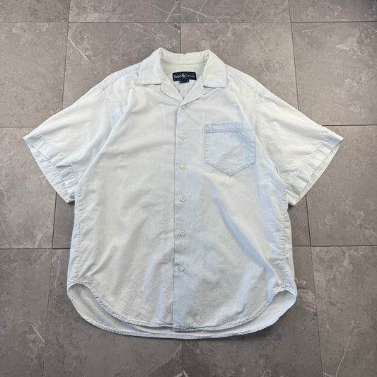 80s Ralph Lauren Faded Light Blue Sleeve Logo Open Collar Shirt