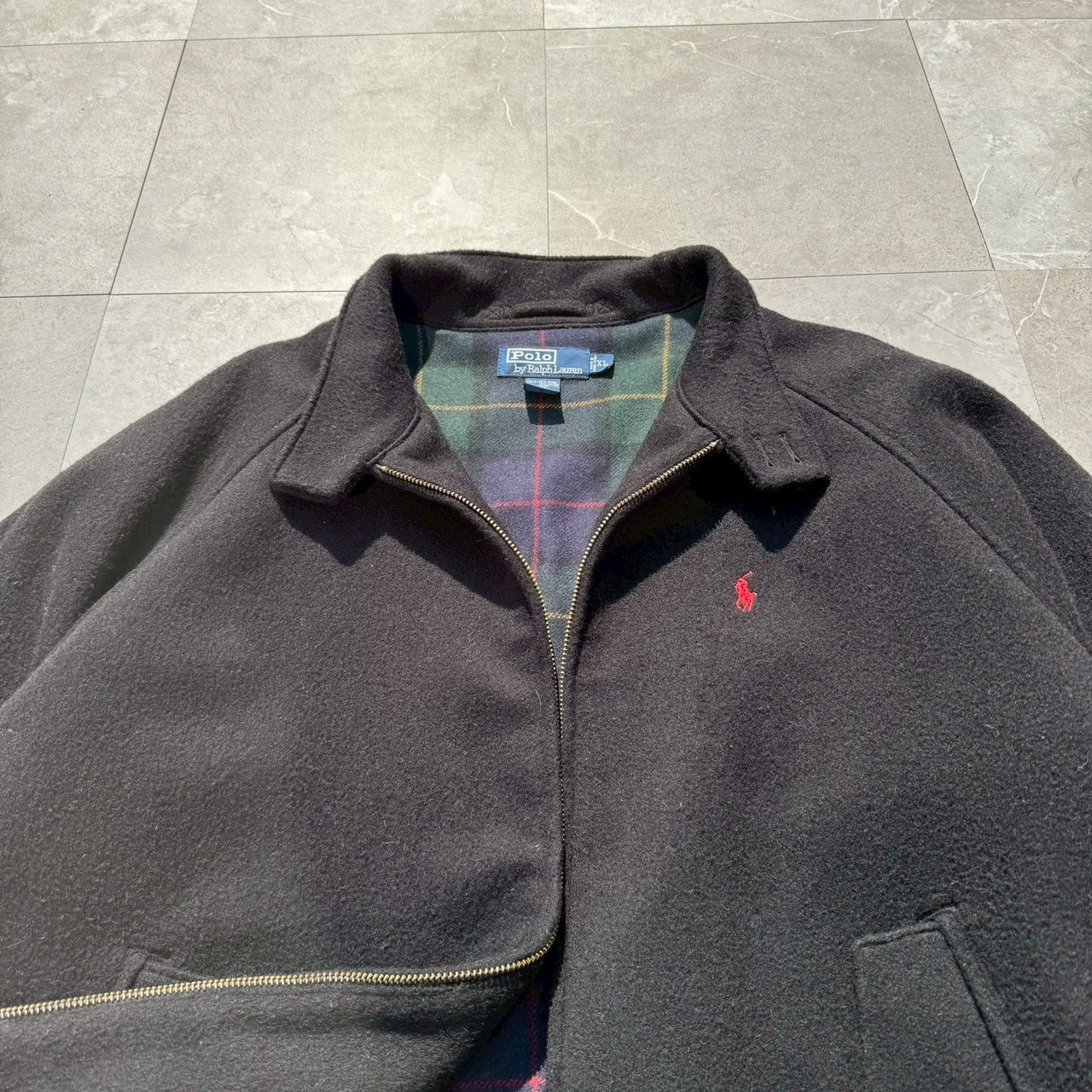 90s-00s Ralph Lauren Black Checkered Lined Wool Harrington Jacket