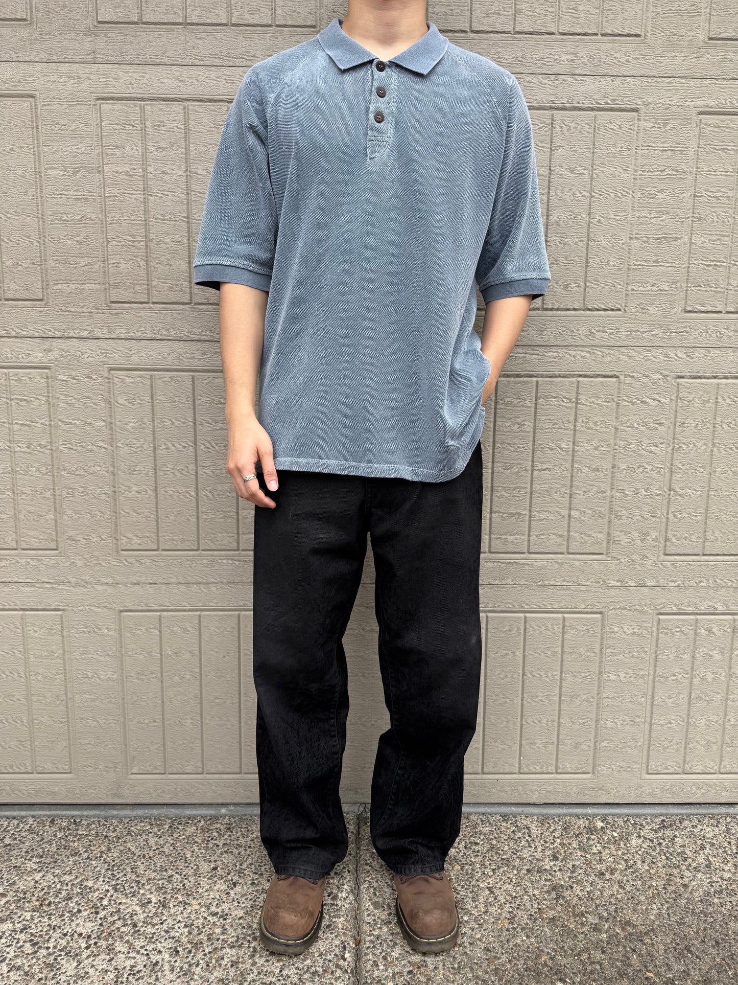 90s The Territory Ahead Faded Light Blue Raglan Heavyweight Polo Shirt