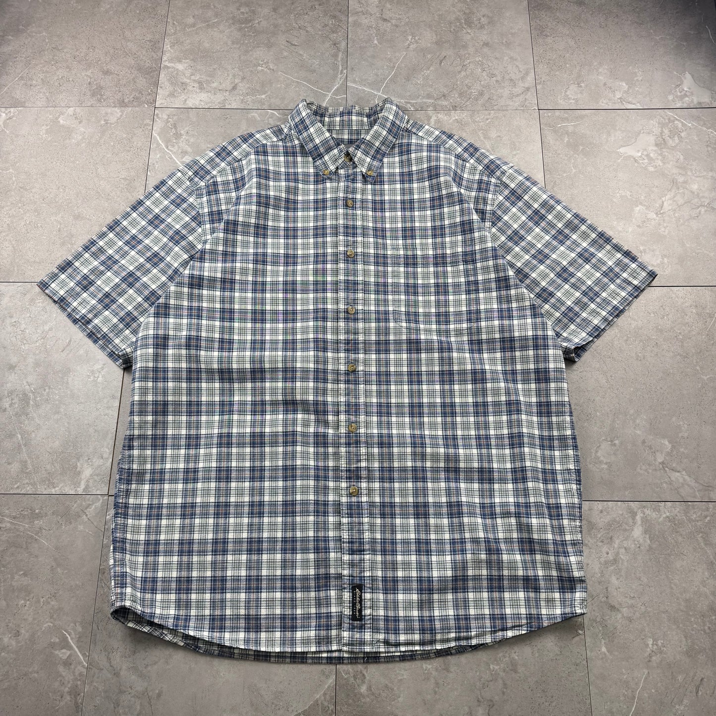 00s Eddie Bauer Blue/White Checkered Button Down Short Sleeve Shirt L