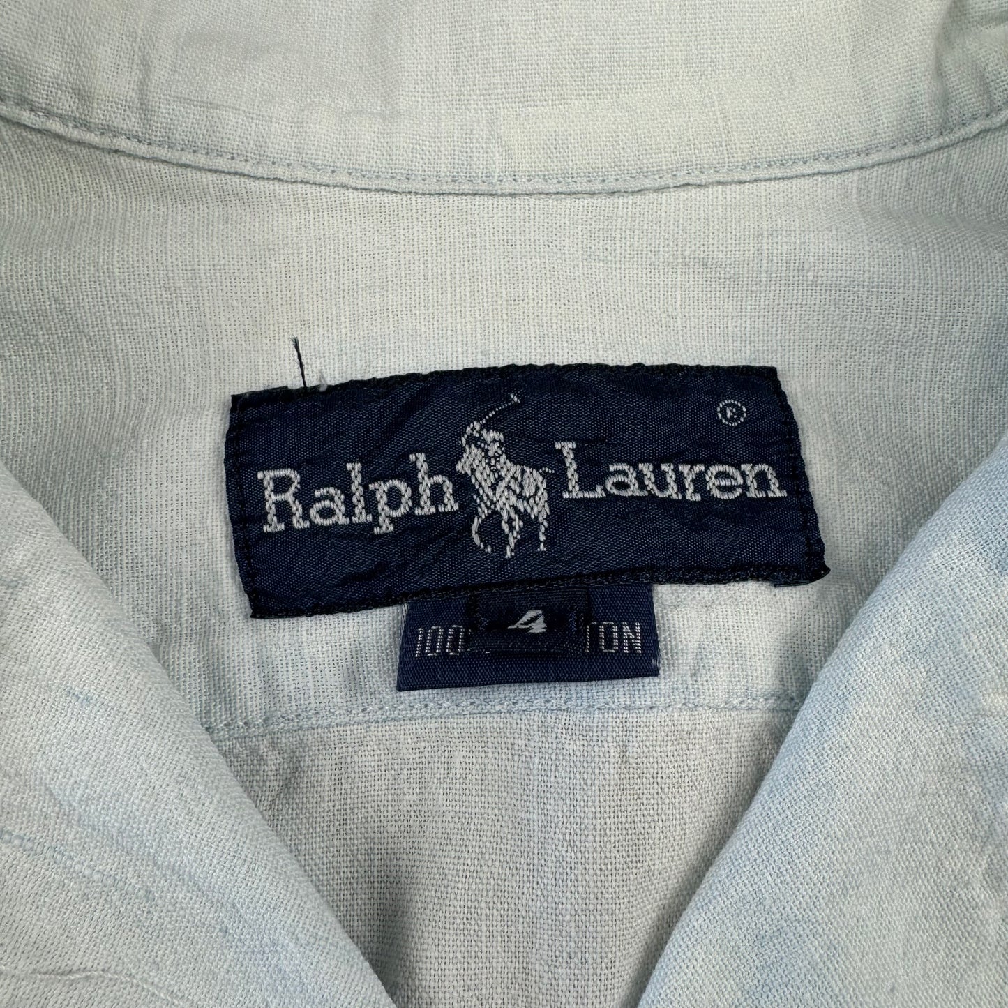 80s Ralph Lauren Faded Light Blue Sleeve Logo Open Collar Shirt Size 4