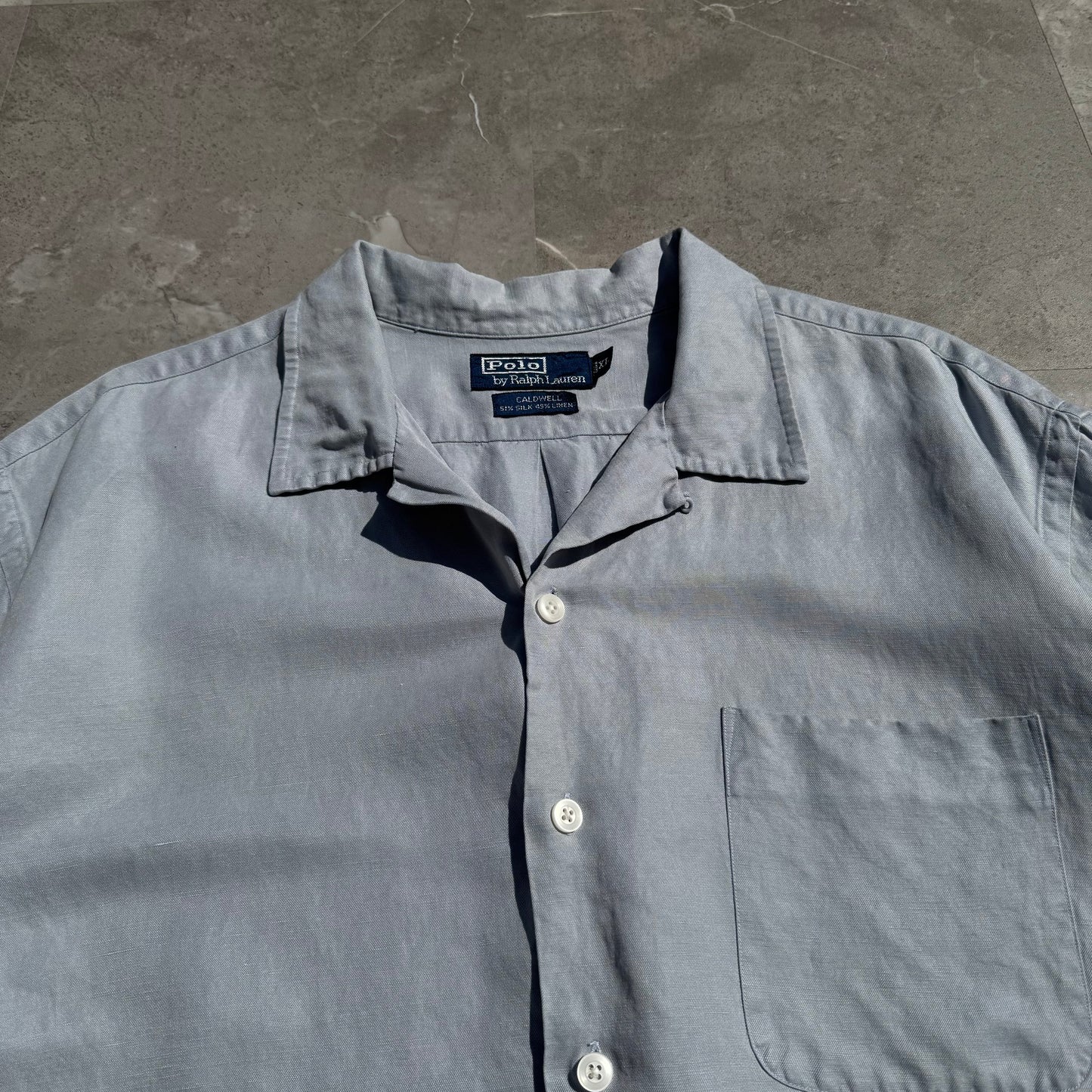 90s-00s Ralph Lauren “Caldwell” Light Blue/Gray Silk x Linen Open Collar Shirt KiiChain Clothing