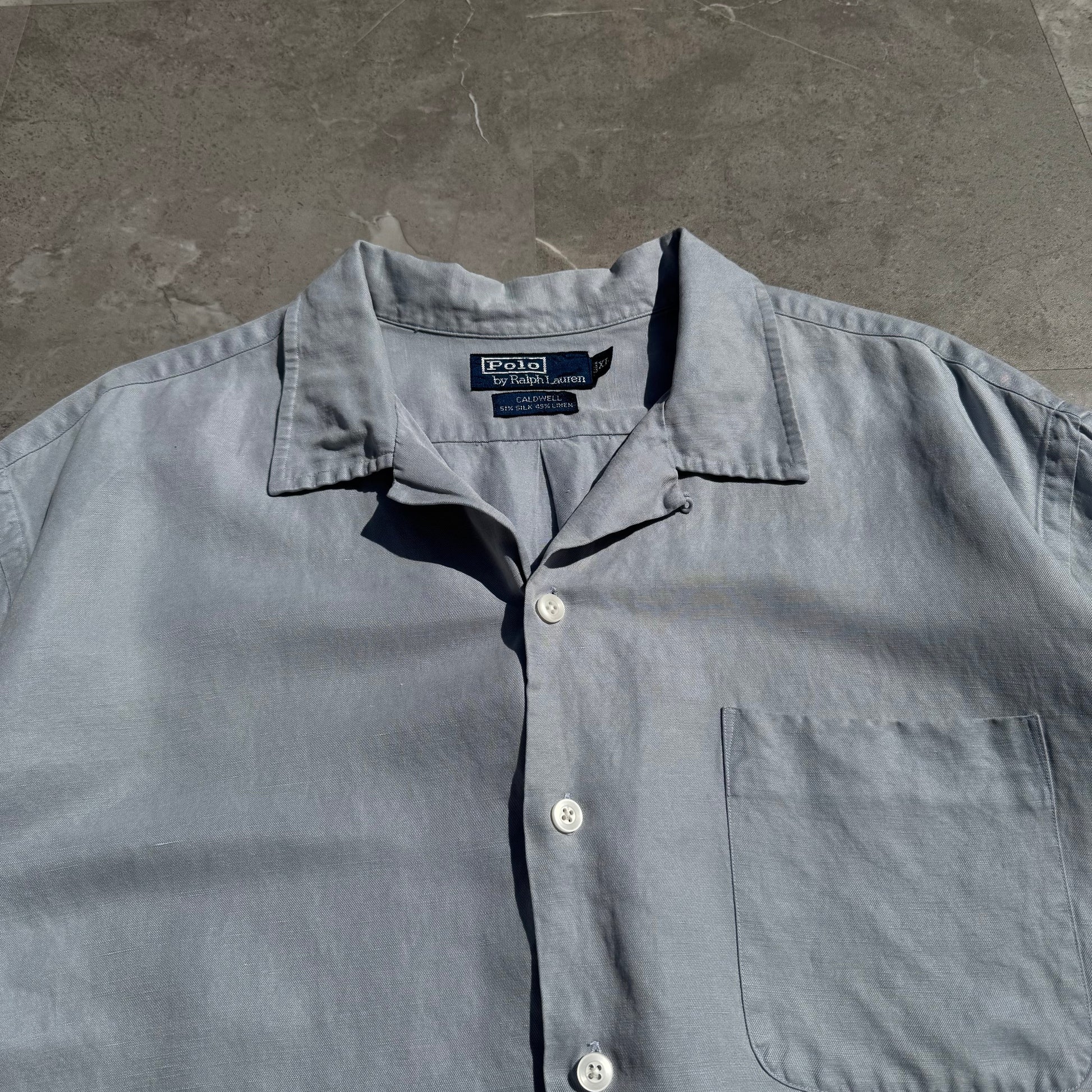 90s-00s Ralph Lauren “Caldwell” Light Blue/Gray Silk x Linen Open Collar Shirt KiiChain Clothing