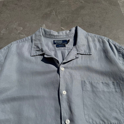 90s-00s Ralph Lauren “Caldwell” Light Blue/Gray Silk x Linen Open Collar Shirt KiiChain Clothing