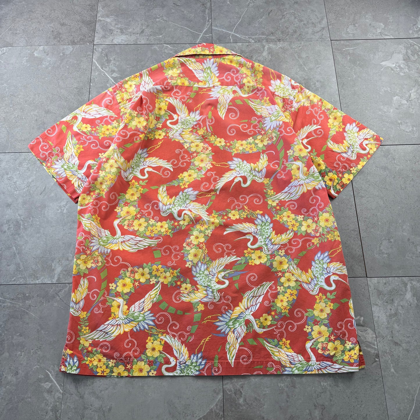 00s Polo by Ralph Lauren Red Rare Crane Graphic Open Collar Shirt L
