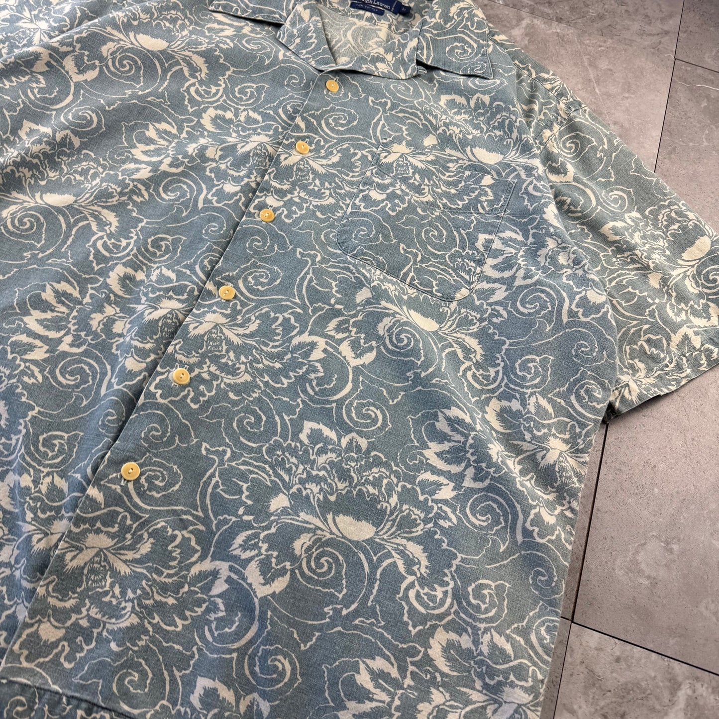 90s Polo by Ralph Lauren Faded Blue Paisley Open Collar Shirt L
