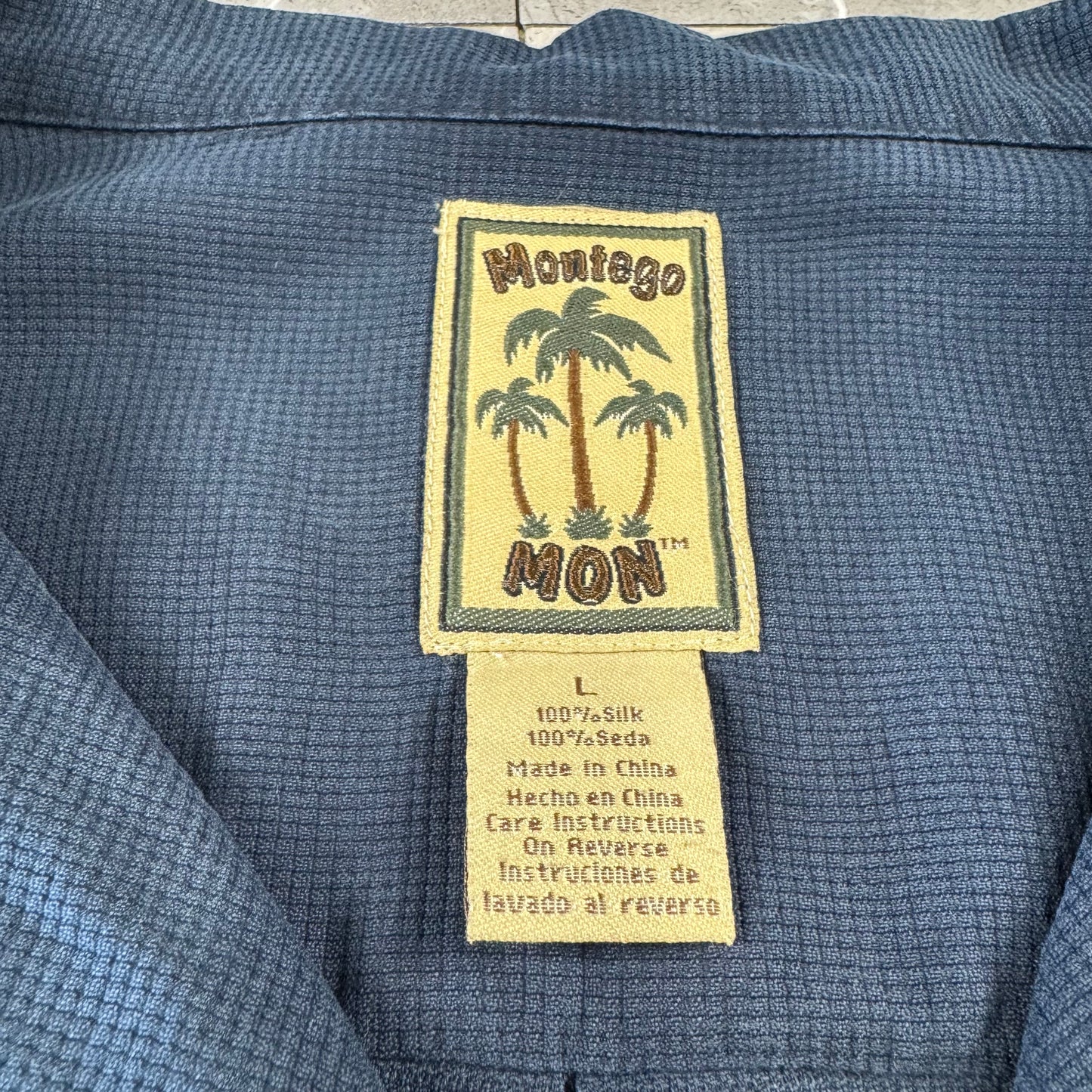 00s Montego MON Black 100% Silk Open Collar Shirt L