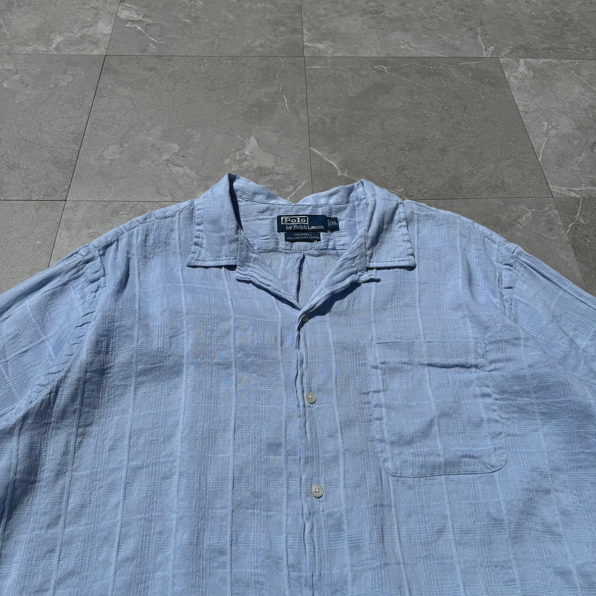 90s-00s Ralph Lauren Caldwell Linen x Cotton Light Blue Checkered Open Collar Shirt KiiChain Clothing