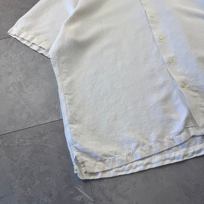 00s Polo by Ralph Lauren White Herringbone Linen x Silk Open Collar Shirt XXL