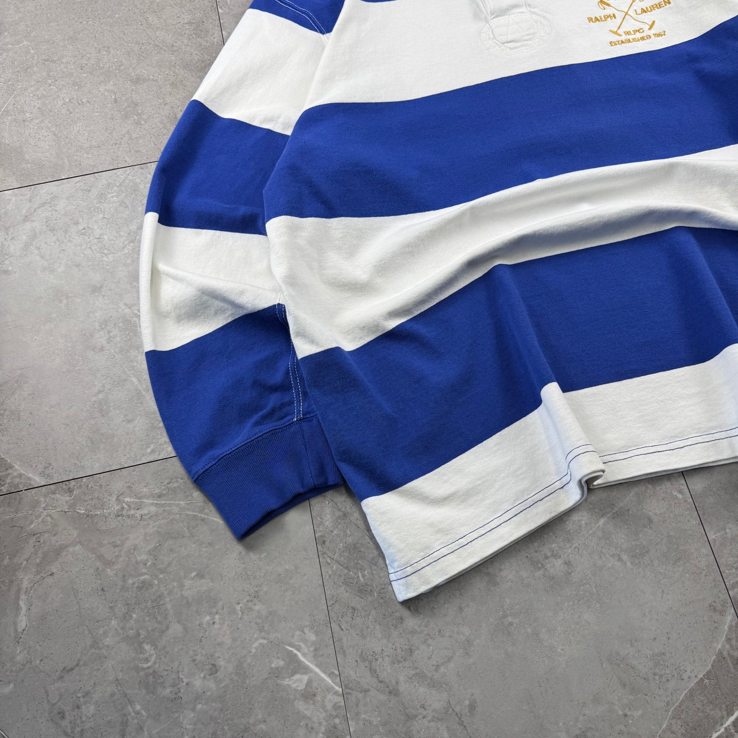 90s Polo by Ralph Lauren Blue & White Rugby Long Sleeve Polo