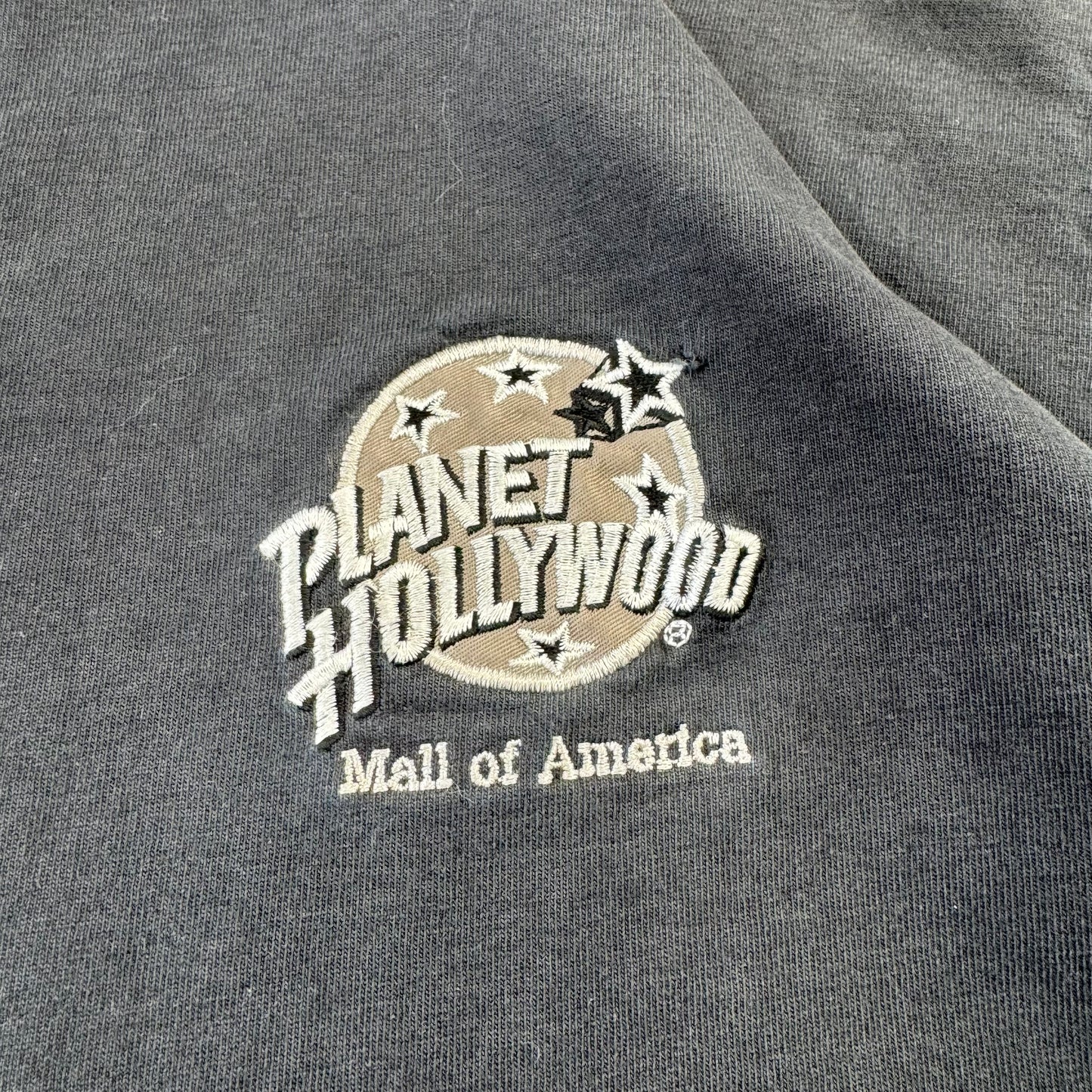 90s-00s Planet Hollywood Made in USA Faded Black Embroidered Logo T-Shirt