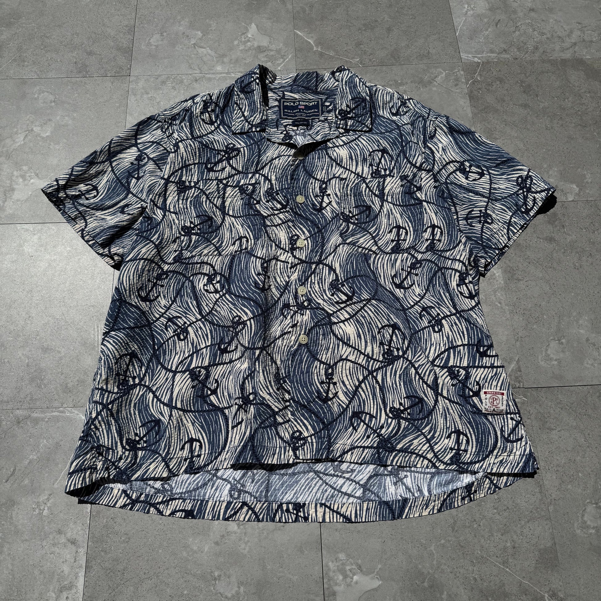 90s-00s Polo Sport Blue Anchor Graphic Seersucker Cotton Open Collar Shirt KiiChain Clothing