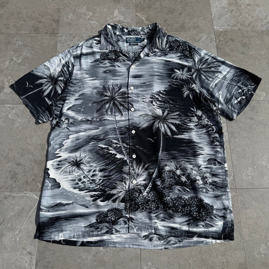 90s-00s Ralph Lauren “Custom Fit” 100% Viscose Black Palm Tree Open Collar Shirt KiiChain Clothing