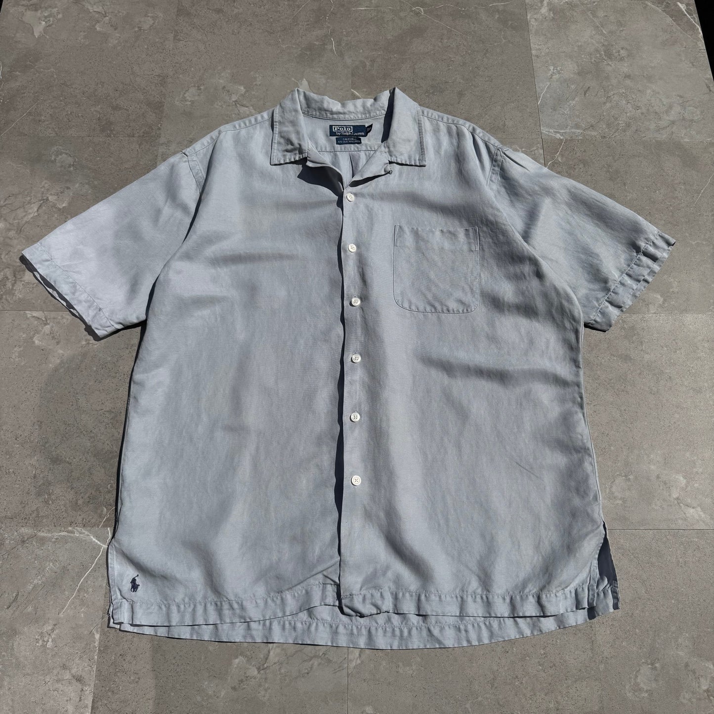 90s-00s Ralph Lauren “Caldwell” Light Blue/Gray Silk x Linen Open Collar Shirt KiiChain Clothing
