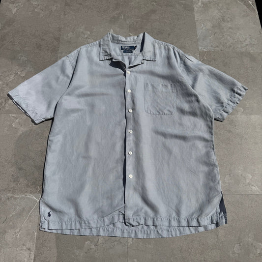 90s-00s Ralph Lauren “Caldwell” Light Blue/Gray Silk x Linen Open Collar Shirt KiiChain Clothing