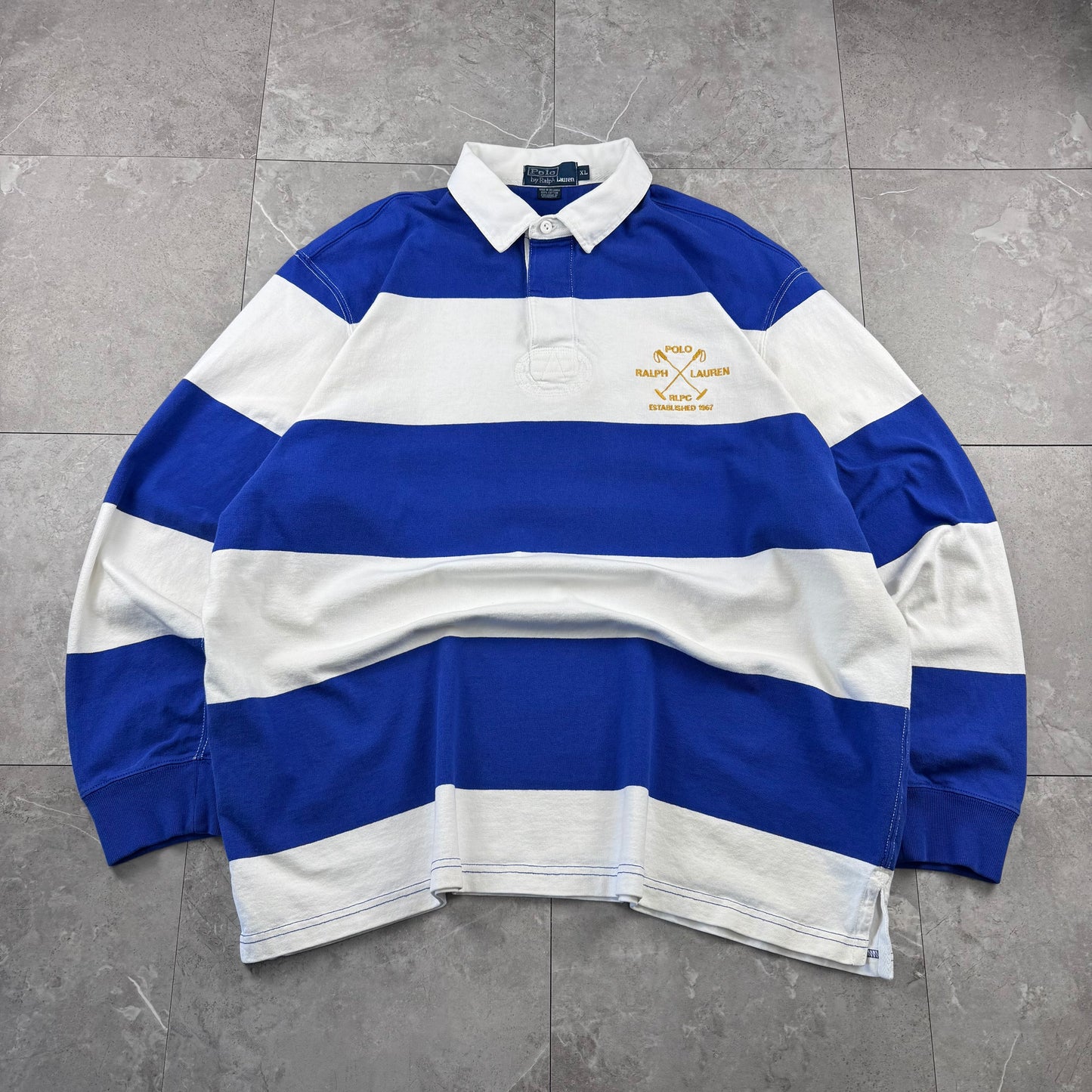 90s Polo by Ralph Lauren Blue & White Rugby Long Sleeve Polo