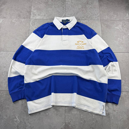 90s Polo by Ralph Lauren Blue & White Rugby Long Sleeve Polo
