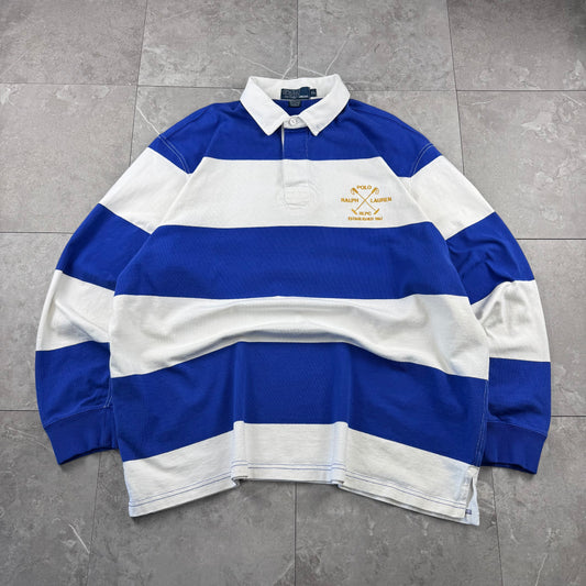 90s Polo by Ralph Lauren Blue & White Rugby Long Sleeve Polo