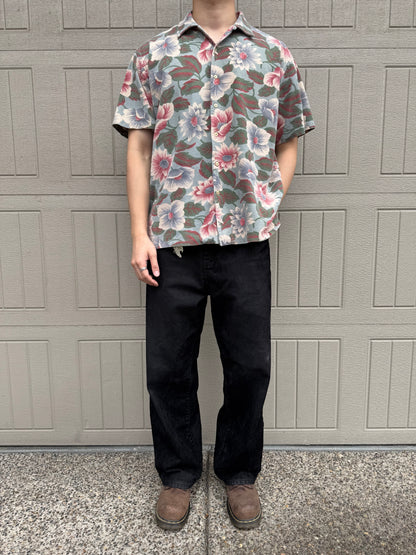 80s-90s Polo by Ralph Lauren Made in USA Green Floral Cotton Knit Open Collar Shirt