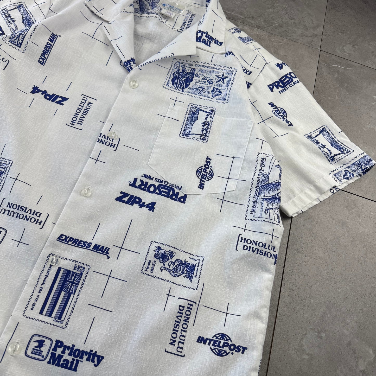 90s High Noon Made in USA White Shipping Stamp Open Collar Shirt