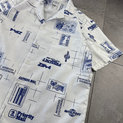 90s High Noon Made in USA White Shipping Stamp Open Collar Shirt