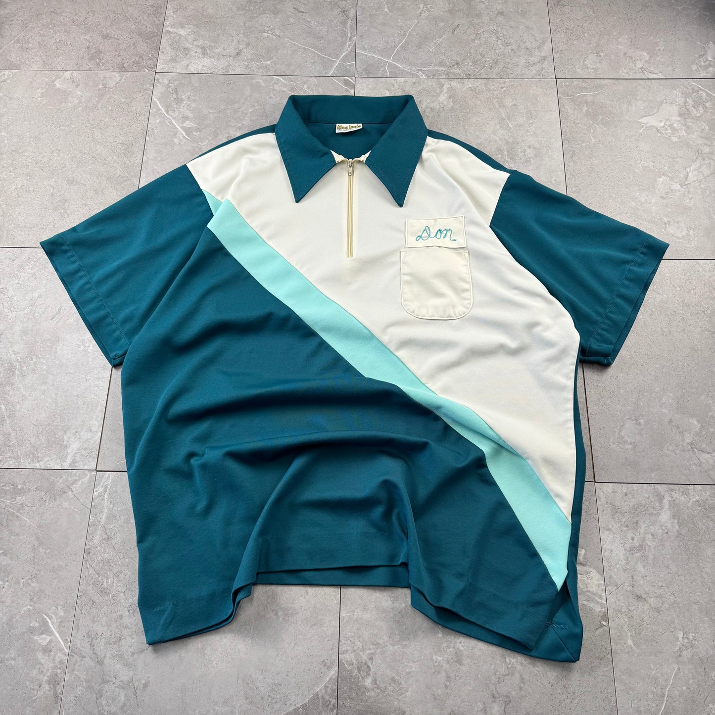 70s-80s King Louie Chainstitch Green Color Block Bowling Shirt XL