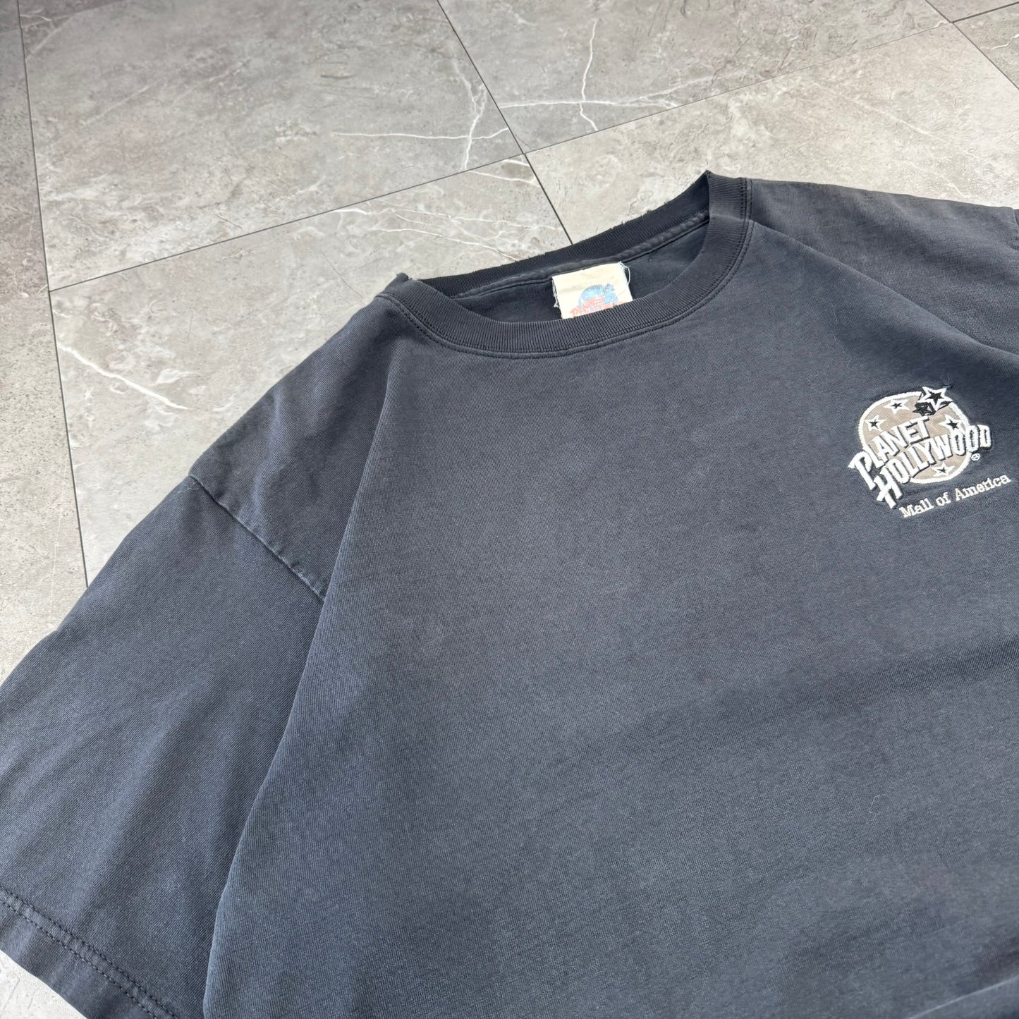 90s-00s Planet Hollywood Made in USA Faded Black Embroidered Logo T-Shirt