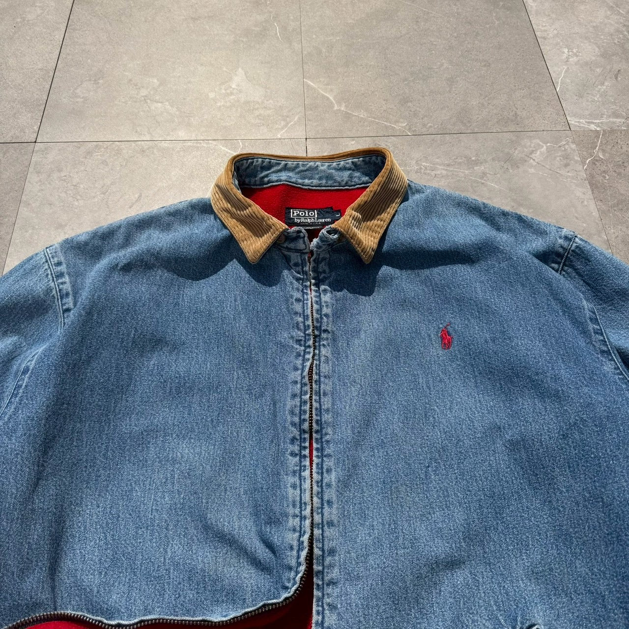 80s-90s Ralph Lauren Made in USA Red Fleece Lined Corduroy Collar Denim Swing Top Jacket