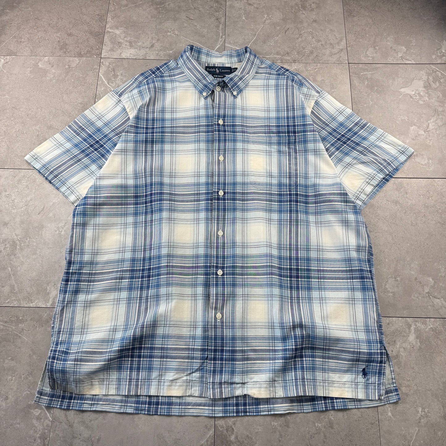 00s Ralph Lauren Bob Camp Blue Checkered Button Down Short Sleeve Shirt XL