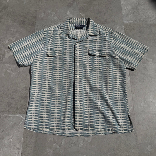 80s-90s Ralph Lauren Made in USA LightBlue/Cream Pattern Open Collar Shirt KiiChain Clothing