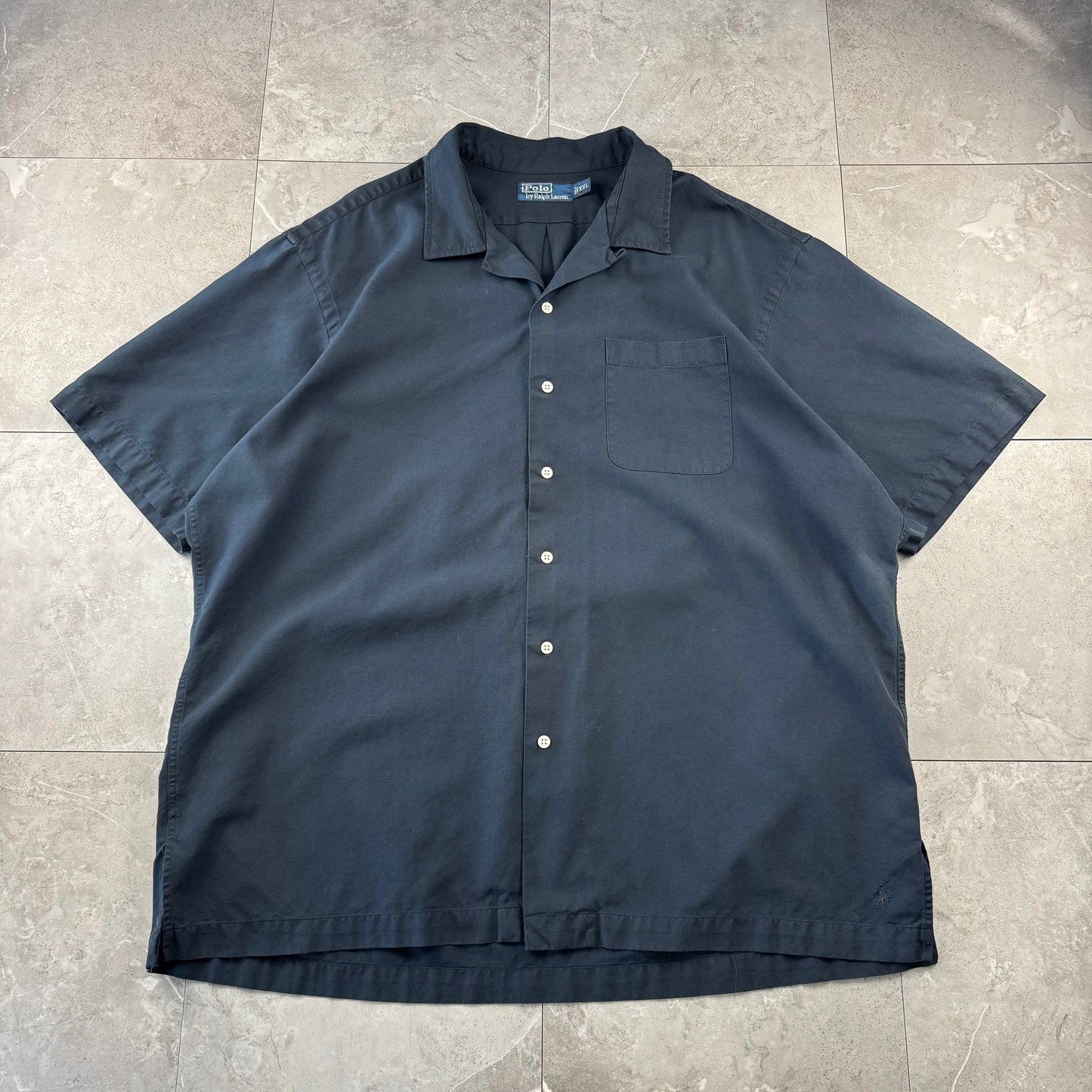 00s Polo by Ralph Lauren Black Sun Faded Silk x Cotton Open Collar Shirt