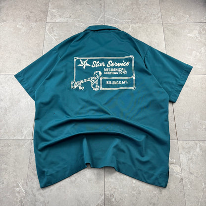 70s-80s King Louie Chainstitch Green Color Block Bowling Shirt XL