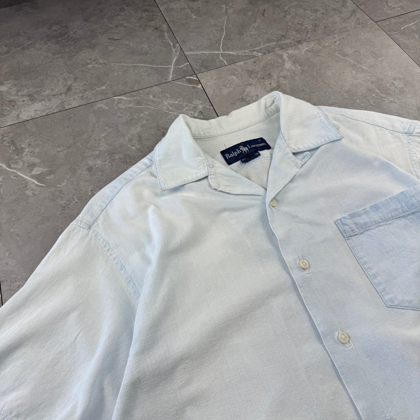 80s Ralph Lauren Faded Light Blue Sleeve Logo Open Collar Shirt Size 4