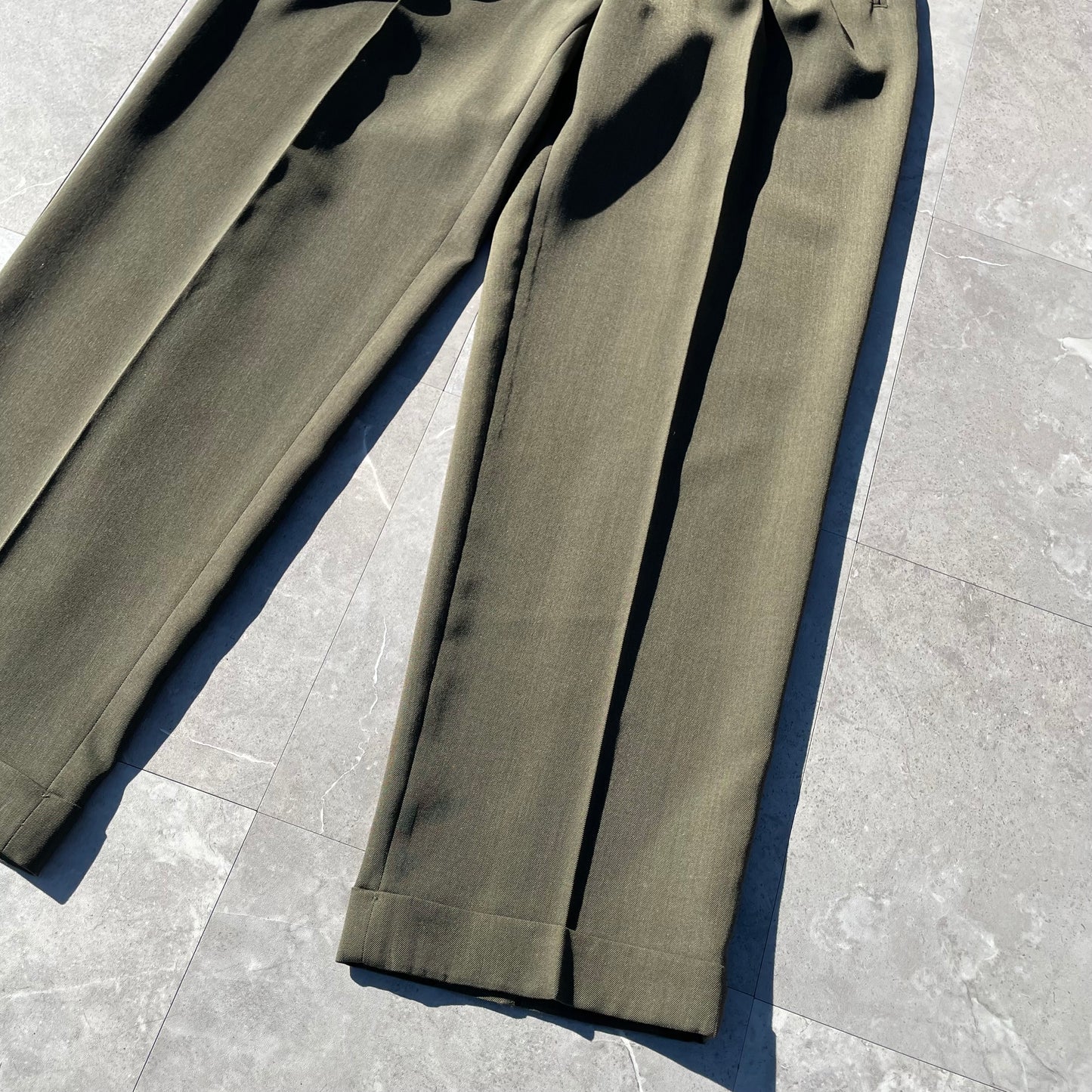 80s Perry Ellis Portfolio Olive Green Three-Tuck Wide Leg Wool-Blend Slacks 34x32