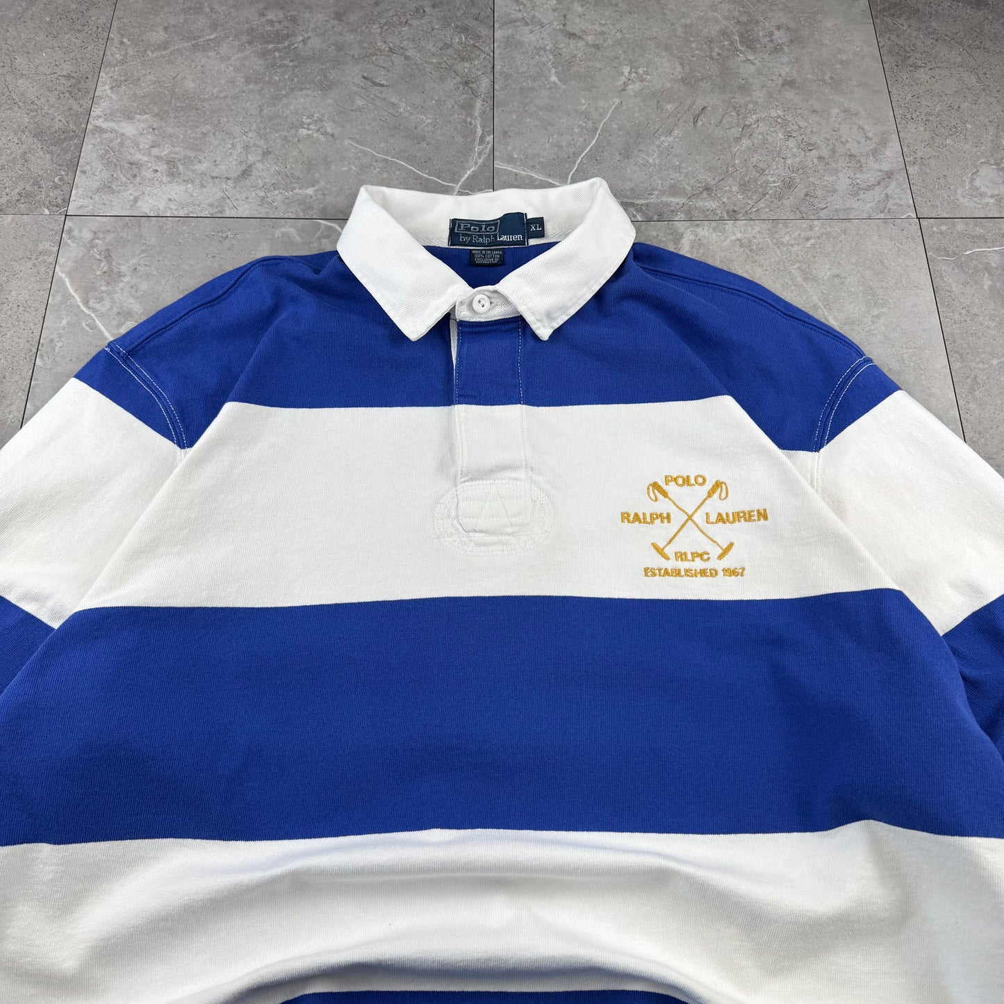 90s Polo by Ralph Lauren Blue & White Rugby Long Sleeve Polo