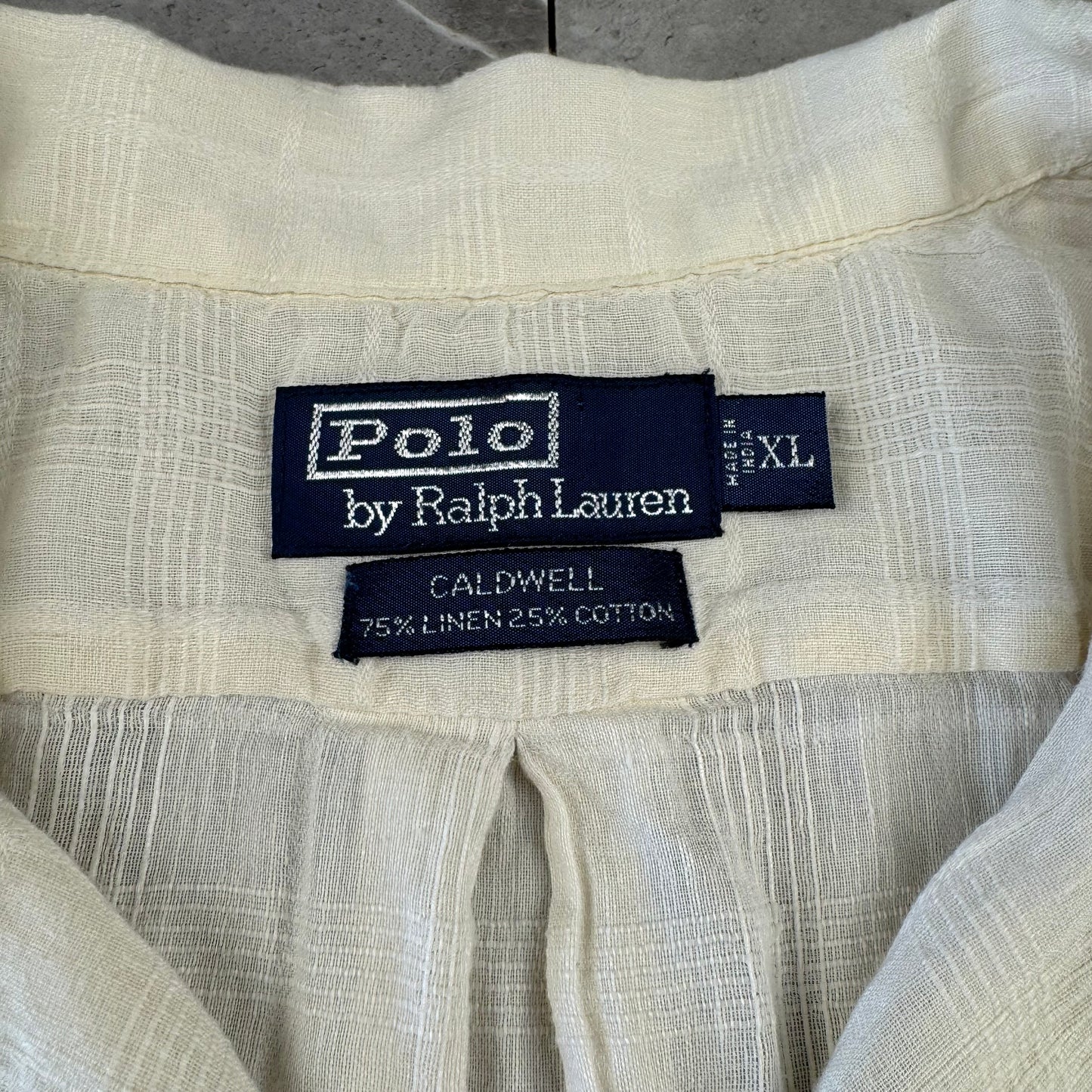 00s Polo by Ralph Lauren Caldwell No-Pony White Checkered Linen x Cotton Open Collar Shirt XL