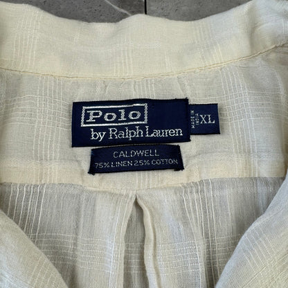 00s Polo by Ralph Lauren Caldwell No-Pony White Checkered Linen x Cotton Open Collar Shirt XL