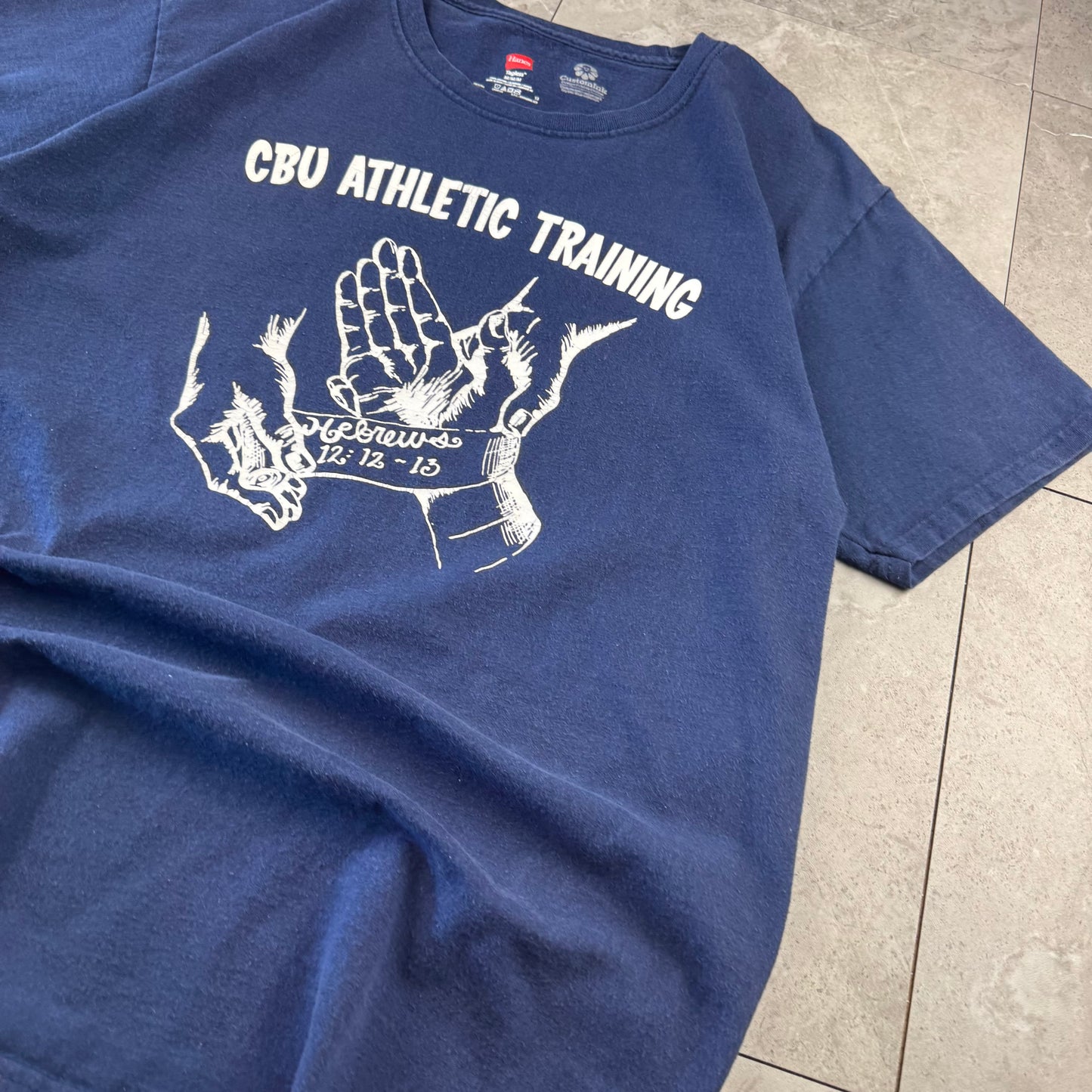 00s~ Hanes Navy CBU Athletic Training Hebrews 12:12-13 Christian Graphic Tee