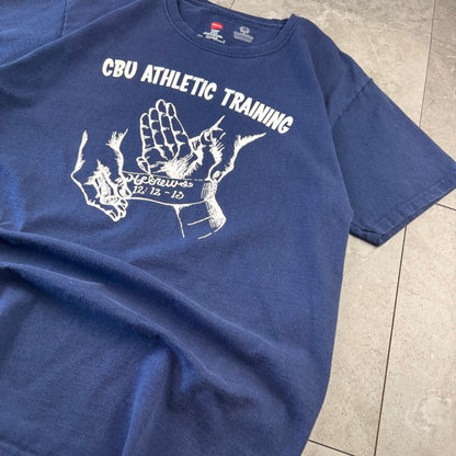 00s~ Hanes Navy CBU Athletic Training Hebrews 12:12-13 Christian Graphic Tee