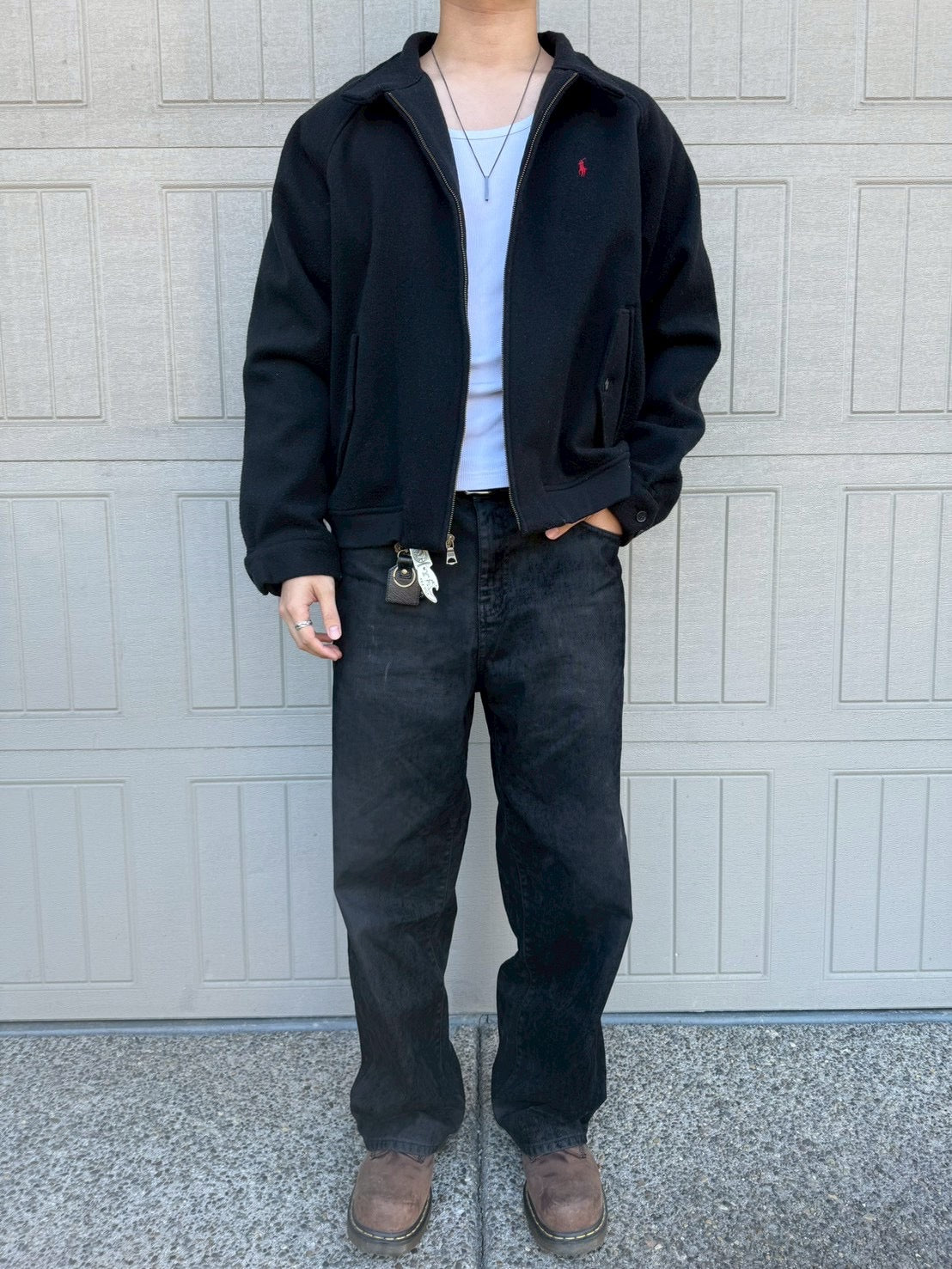 90s-00s Ralph Lauren Black Checkered Lined Wool Harrington Jacket